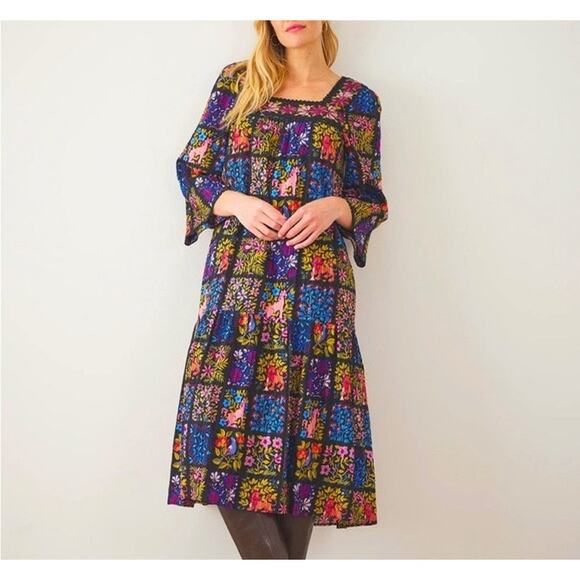 Printfresh Black Stained Glass Storybook Float On Dress Womens Large Boho Flowy - Picture 1 of 12